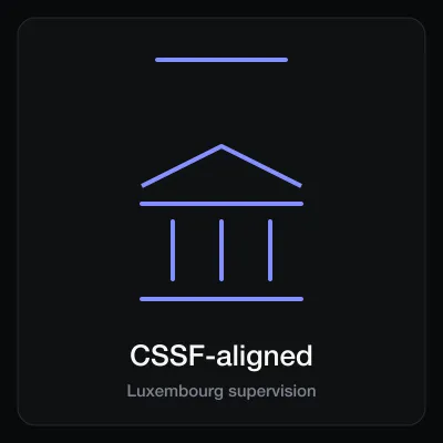 CSSF-aligned badge card, an indigo bank facade with a pediment and three columns above the label