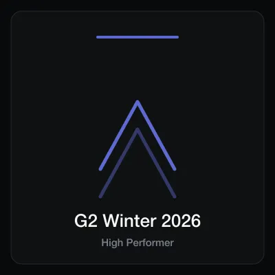 G2 Winter 2026 badge card, two nested indigo chevrons pointing up above the High Performer label