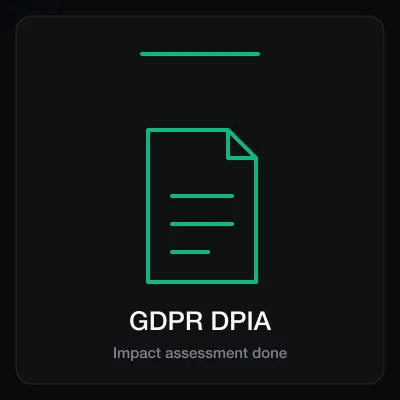 GDPR DPIA badge card, a green document outline with a folded corner and three text lines