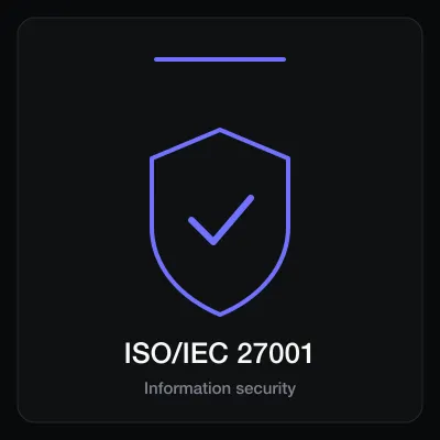 ISO/IEC 27001 badge card, an indigo shield outline with a check mark above the standard name