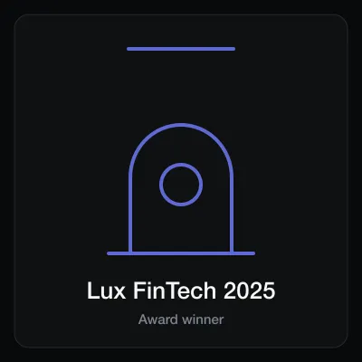 Lux FinTech 2025 badge card, an indigo vault door arch with a round dial above the award label