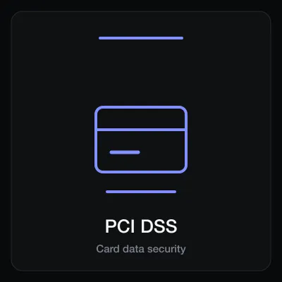 PCI DSS badge card, an indigo payment card outline with a band across it above the standard name