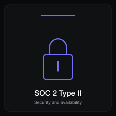SOC 2 Type II badge card, an indigo padlock outline above the report name