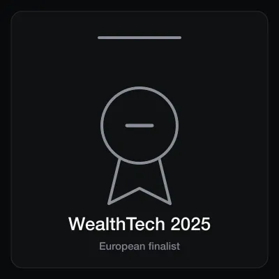 WealthTech 2025 badge card, a grey medal with a ribbon tail above the European finalist label
